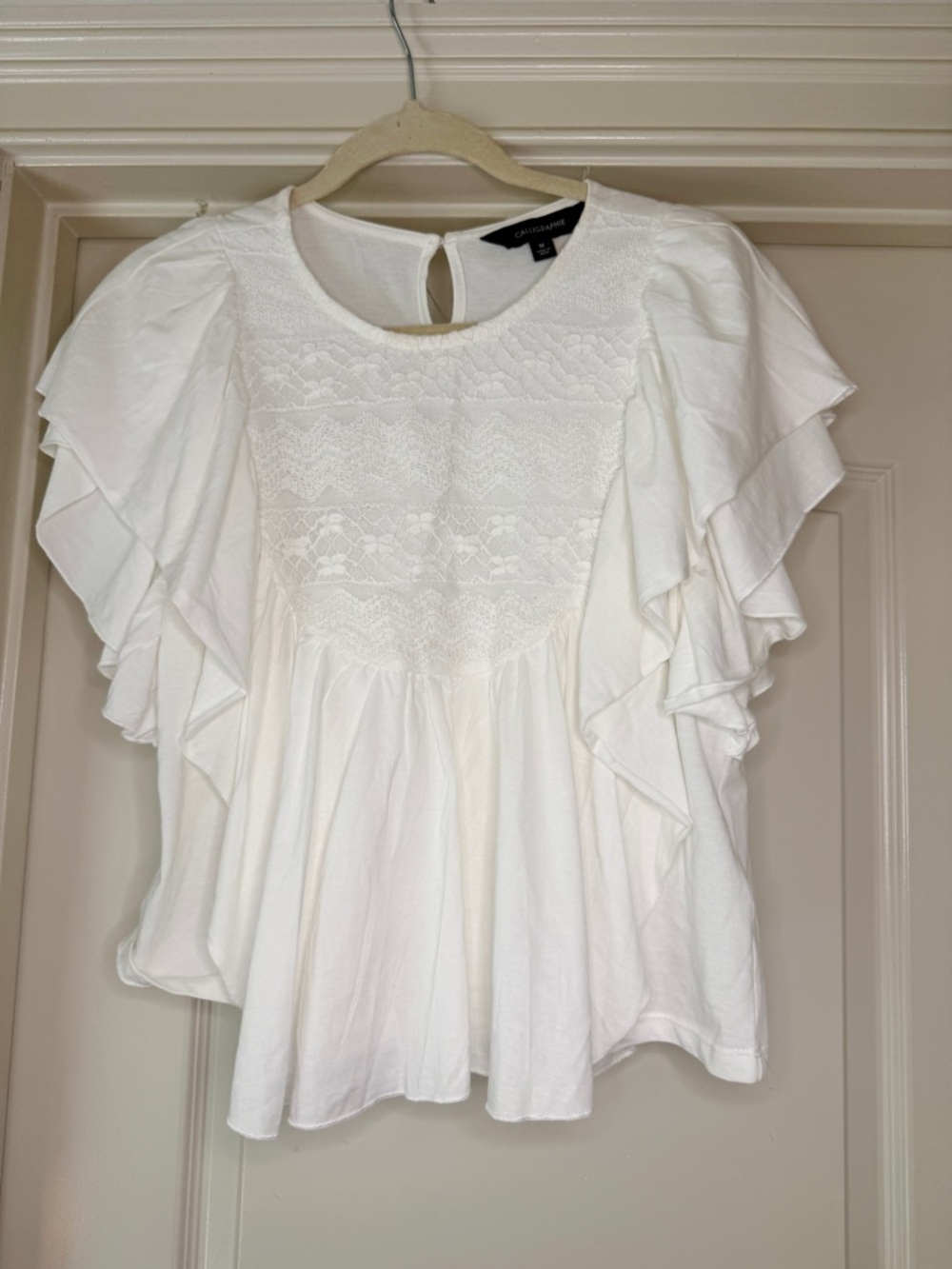 Anthropologie Lace Yoke White Flutter-Sleeve Blouse